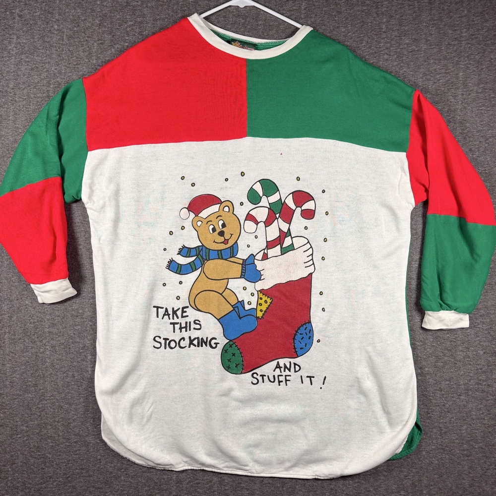 Vintage Starlit Nights Christmas Nightshirt Teddy Bear Red Green Colorblock PJs